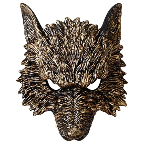 JewelryWe 3D Wolfsmaske Werwolf Maske: Antik Gold Steampunk Werwolfmaske Wolf Maskerade Maske aus Schaumstoff Horror Halbmaske Tiermaske für Halloween Karneval Party Kostüm von JewelryWe