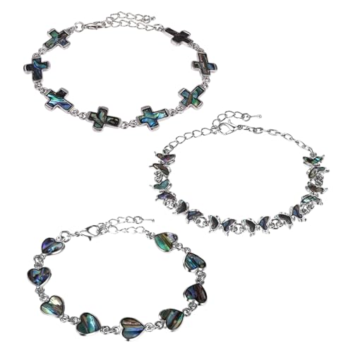 JewelryWe 3er Set Perlmutt Armband für Damen: Silber Edelstahl Verstellbares Gliederarmband Armkette mit Abalone Muschel Kreuz, Herz und Schmetterling Unisex Schmuck Geschenk für Frauen Männer von JewelryWe