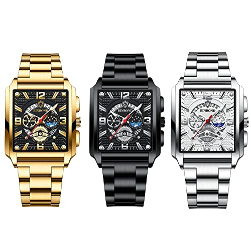 JewelryWe 3pcs Armbanduhr Herren Datum Kalender 30M Wasserdicht Rechteckige Analog Quarz Uhr Herrenuhr mit Edelstahl Armband und Leuchtend Zeiger, Gold Silber Schwarz von JewelryWe