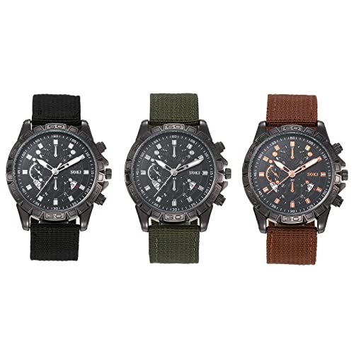 JewelryWe 3pcs Armbanduhr Herren Datum Kalender Analog Quarz Sport Uhr Herrenuhr mit Nylon Textil Armband und Leuchtend Zeiger, Schwarz Braun Grün von JewelryWe