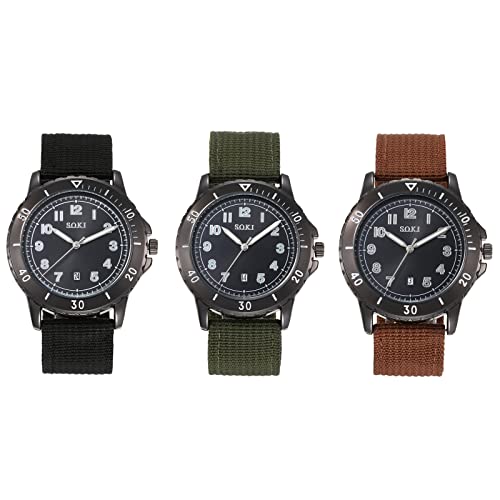 JewelryWe 3pcs Armbanduhr Herren Datum Kalender Analog Quarz Einfach Beiläufige Uhr Herrenuhr mit Nylon Textil Armband, Schwarz Braun Grün von JewelryWe