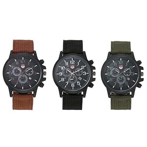 JewelryWe 3pcs Armbanduhr Herren Datum Kalender Analog Quarz Beiläufige Sport Uhr Herrenuhr mit Nylon Textil Armband und 3 kleinen Zifferblättern, Schwarz Braun Grün von JewelryWe