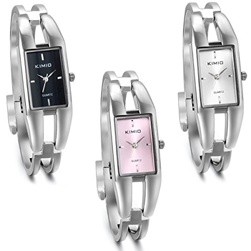 JewelryWe 3pcs Damen Armbanduhr, Elegant Charm Casual Analog Quarz Uhr mit Rechteck Zifferblatt, 3 Farben von JewelryWe