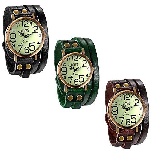 JewelryWe 3pcs Herren Damen Armbanduhr, Leder Armband Wickelarmband, Casual Retro, Analog Quarz Uhr, Vintage grünes Digital Zifferblatt, 3 Farben von JewelryWe