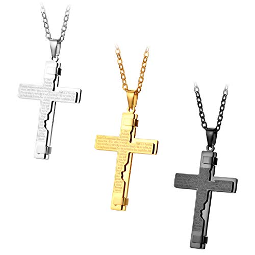 JewelryWe 3pcs Herren Halskette, Edelstahl Englisch Bibel Gebet Kreuz Anhänger mit 55cm Kette, Silber Gold Schwarz, Ostern Geschenk von JewelryWe