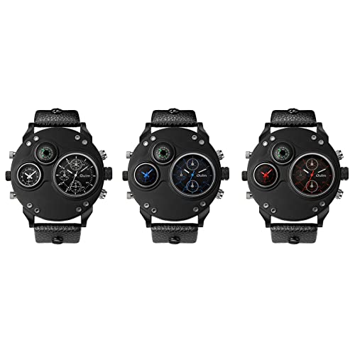 JewelryWe 3pcs Herrenuhr Analog Quarz Kompass Zwei Zeitzone Armbanduhr Männer Leder Armband Uhr Sportuhr mit großem Runden Zifferblatt, Weiß Blau Rot von JewelryWe