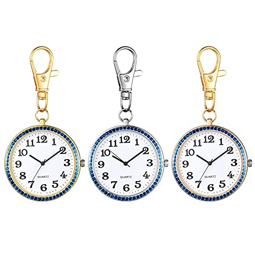 JewelryWe 3pcs Karabiner Taschenuhr mit Gravur Quarz Analog Uhr Strass Quarzuhr mit Schlüsselanhänger für Ärzte Krankenschwestern Sanitäter Köche Gold Blau von JewelryWe