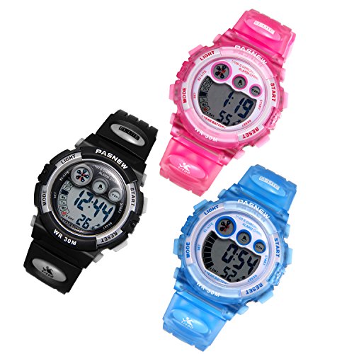 JewelryWe 3pcs Kinder Junge Mädchen Armbanduhr, 30M Wasserdicht Multi-funktional Digital Elektronische Uhr Sportuhr mit 12 H, LED Licht, Alarm, Stoppuhr, Datum und Tag Farbe:Schwarz, Pink, Blau von JewelryWe