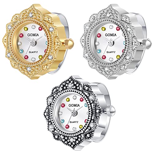 JewelryWe 3pcs Ringuhr Fingeruhr Damen Analog Quarz Retro Geschnitzt Blumen Edelstahl Verstellbar Ring Uhr Fingerringuhr Uhrenring mit Bunt Strass Rundem Zifferblatt, Gold Schwarz Silber von JewelryWe