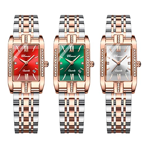 JewelryWe 3pcs Uhren Damen Analog Quarz Armbanduhr Luxus Elegant Datum Kalender 30m Wasserdicht Strass Rechteckig Edelstahl Armband Geschäfts Beiläufige Uhr mit Uhrenwerkzeug von JewelryWe