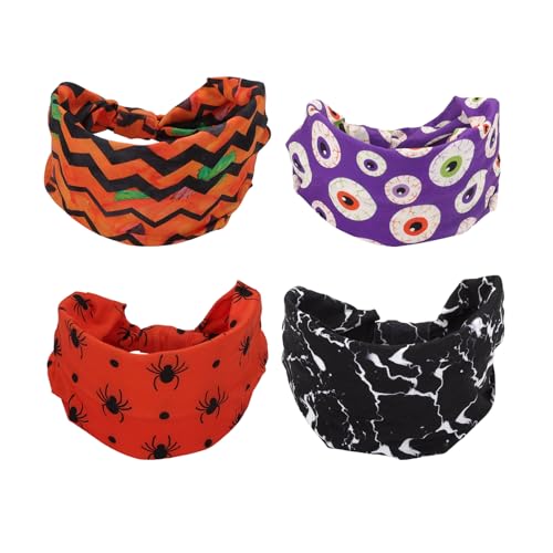 JewelryWe 4er Set Halloween Stirnbänder für Damen: Geknotet Breite Elastische Haarband mit Spinne Kürbis Augapfel Muster Kopfbänder Haar Accessoires für Kostüm Sport Yoga von JewelryWe