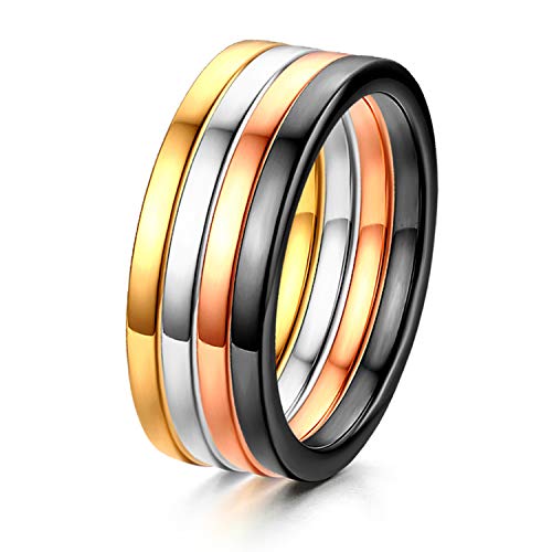 JewelryWe 4pcs 2mm Damen-Ring, Edelstahl Hochglanz Poliert Stapelringe Bandringe Band in Farben Silber Gold schwarz Rosegold für Versprechen Verlobung Hochzeit, Größe 52 von JewelryWe