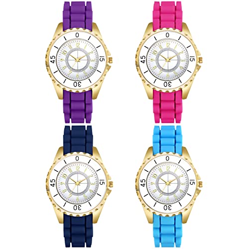JewelryWe 4pcs Armbanduhr Damen süße Analog Quarz Uhr Damenuhr mit Weich Silikon Armband, 4 von JewelryWe