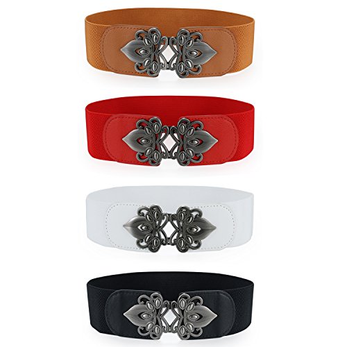 JewelryWe 4pcs Damen Gürtel Elastisch Breit PU Retro Blumen Schnalle Taillengürtel Kleid Belt, 4 verschiedenen Farben JewelryWe 4pcs Damen Gürtel Elastisch Breit PU Retro Blumen Schnalle Taillengürtel Kleid Belt, 4 verschiedenen Farben von JewelryWe