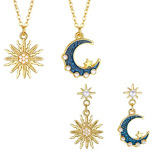 JewelryWe 4pcs Halskette Ohrringe Schmuck Set Damen Sonne Mond Anhänger Kette Asymmetrische Ohrstecker Ohrhänger Gold von JewelryWe