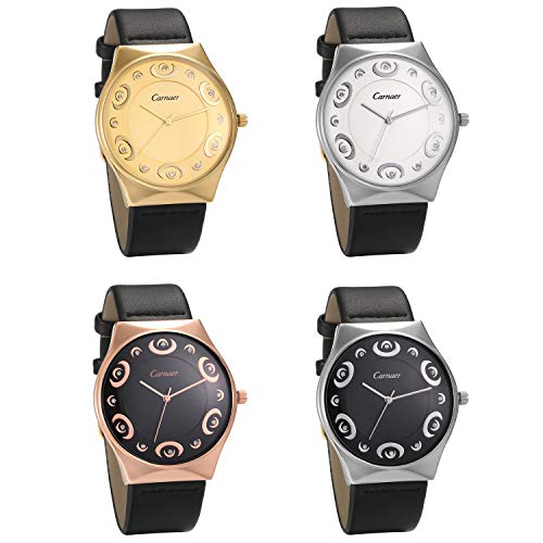 JewelryWe 4pcs Herren Damen Uhren Quarz Analog 30M Wasserdicht Armbanduhr Strass Mond Halbmond Design Uhr mit Leder Echtleder Armband schwarz weiß Rosegold Gold von JewelryWe
