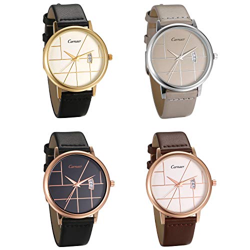 JewelryWe 4pcs Herren Damen Uhren Quarz Analog Datum Kalender 30M Wasserdicht Armbanduhr Einzigartig Geometrisch Design Uhr mit Leder Echtleder Armband schwarz beige braun Gold von JewelryWe