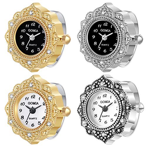 JewelryWe 4pcs Ringuhr Fingeruhr Damen Analog Quarz Retro Geschnitzt Blumen Strass Edelstahl Verstellbar Ring Uhr Fingerringuhr Uhrenring mit Rundem Zifferblatt, Gold Silber von JewelryWe