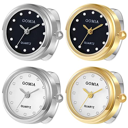 JewelryWe 4pcs Ringuhr Fingeruhr Damen Herren Analog Quarz Edelstahl Verstellbar Ring Uhr Fingerringuhr Uhrenring mit Strass Rundem Zifferblatt, Gold Silber von JewelryWe
