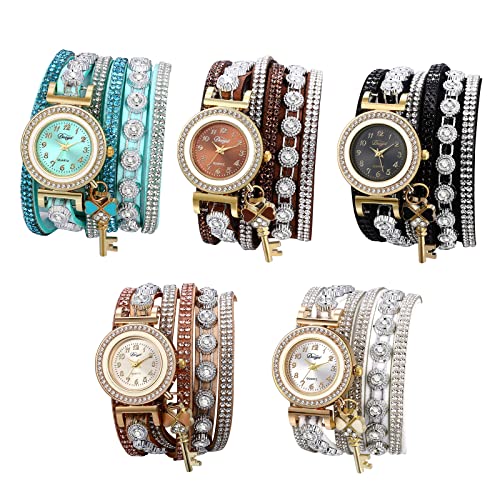 JewelryWe 5pcs Armbanduhr Damen Böhmisch Retro Strass Glitzer Analog Quarz Beiläufige Uhr Damenuhr mit Geflochten Leder Armband Wickelarmband und Kleeblatt Schlüssel Anhänger, 5 von JewelryWe