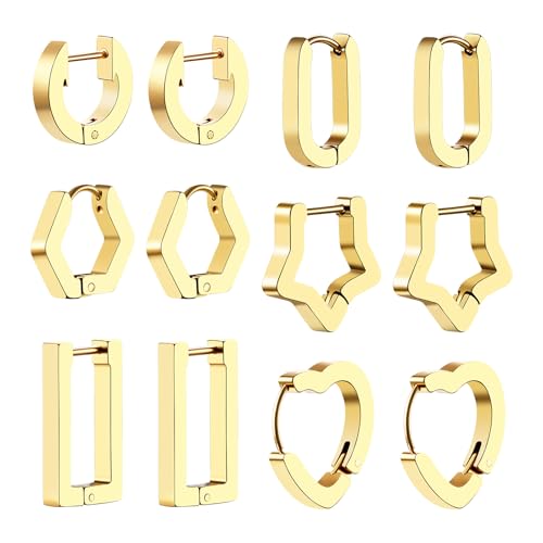 JewelryWe 6 Paar Creolen Ohrringe für Damen: Gold Edelstahl Klein Huggie Creolen Set Herz Stern Rund Rechteckig Sechseckig U-förmig Hypoallergene Hoops Ohrringe Minimalistische Schmuck von JewelryWe
