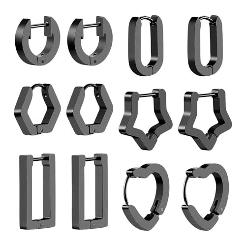 JewelryWe 6 Paar Creolen Ohrringe für Damen: Schwarz Edelstahl Klein Huggie Creolen Set Herz Stern Rund Rechteckig Sechseckig U-förmig Hypoallergene Hoops Ohrringe Minimalistische Schmuck von JewelryWe
