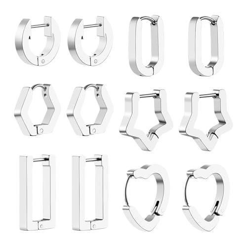 JewelryWe 6 Paar Creolen Ohrringe für Damen: Silber Edelstahl Klein Huggie Creolen Set Herz Stern Rund Rechteckig Sechseckig U-förmig Hypoallergene Hoops Ohrringe Minimalistische Schmuck von JewelryWe