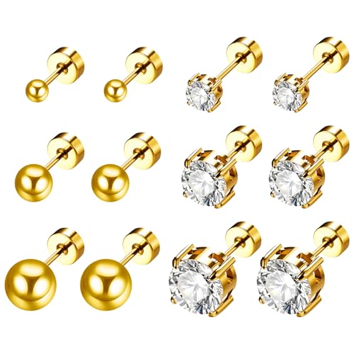 JewelryWe 6 Paar Klein Ohrstecker für Damen: Gold 316L Chirurgenstahl Ohrringe mit Kugel und Zirkonia Hypoallergene Flache Knorpel Piercings Stecker Set Helix Tragus Ohr Piercing 3-8mm von JewelryWe
