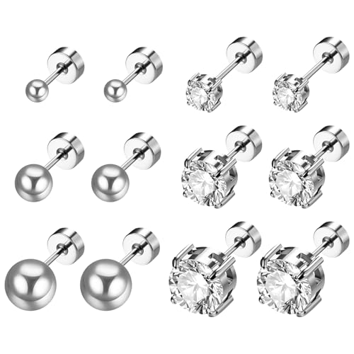 JewelryWe 6 Paar Klein Ohrstecker für Damen: Silber 316L Chirurgenstahl Ohrringe mit Kugel und Zirkonia Hypoallergene Flache Knorpel Piercings Stecker Set Helix Tragus Ohr Piercing 3-8mm von JewelryWe