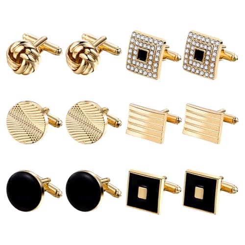 JewelryWe 6 Paar Manschettenknöpfe Set Herren: Goldene Quadratisch Rund Gedreht Manschetten Knöpfe Elegant Hochzeit Business Anzug Hemd Manschettenknöpfe Set Geschenk für Männer von JewelryWe