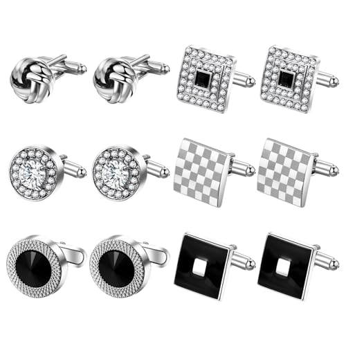 JewelryWe 6 Paar Manschettenknöpfe Set Herren: Silberne Quadratisch Rund Verdreht Manschetten Knöpfe Klassische Hochzeit Business Anzug Hemd Manschettenknöpfe Set Geschenk für Männer von JewelryWe