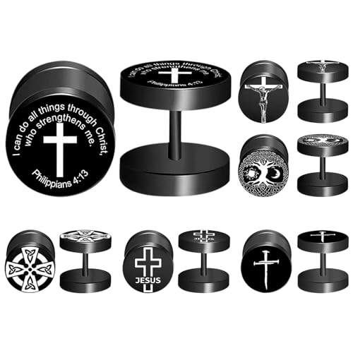 JewelryWe 6 Paar Ohrstecker Fake Plugs: 10mm Schwarz Lebensbaum Bibel Gebet Jesus Keltisch Knoten Nagel Kreuz Tunnel Ohrringe Edelstahl Fakeplug Ohrschmuck für Herren Damen von JewelryWe