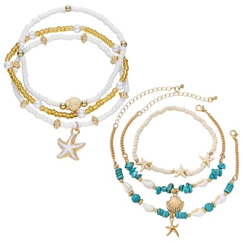 JewelryWe 6 Stück Boho Fußkettchen Damen: Bohemian Verstellbare Strand Fußkette Set Seestern Muschel Knöchelarmband mit Türkis, Weiß und Gold Perlen Sommer Urlaub Schmuck für Frau Mädchen von JewelryWe