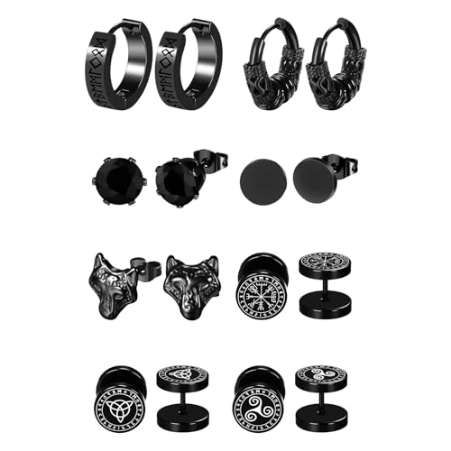 JewelryWe 8 Paar Wikinger Ohrringe Herren: Schwarz Edelstahl Nordische Runen Wolfskopf Vegvisir Keltische Knoten Obsidian Fake Plug Ohrstecker Huggie Creolen Ohrringe Set Vintage Gothic Schmuck Männer von JewelryWe