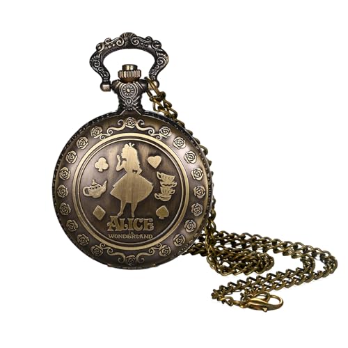 JewelryWe Alice im Wunderland Taschenuhr mit Kette: Vintage Analog Quarz Kettenuhr Bronze Cartoon Steampunk Uhr Anhänger Halskette Geschenk für Damen Herren Unisex von JewelryWe
