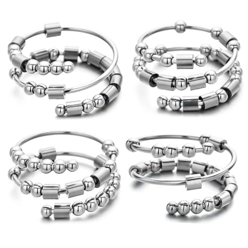 JewelryWe Angst Ring Damen Morsecode: 4pcs Edelstahl Fidget Spinner Verstellbarer Zappelring Mit Morse Code Perlen - Anti Stress Stapelbare Spinning Ringe Für Frauen von JewelryWe