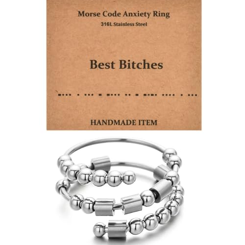 JewelryWe Angst Ring Damen Morsecode: Edelstahl Fidget Spinner Ring Verstellbarer Zappelring Offene Spinning Mit Best Bitches Morse Code Perlen Frauen Anti Stress Stapelbare Zappeln von JewelryWe