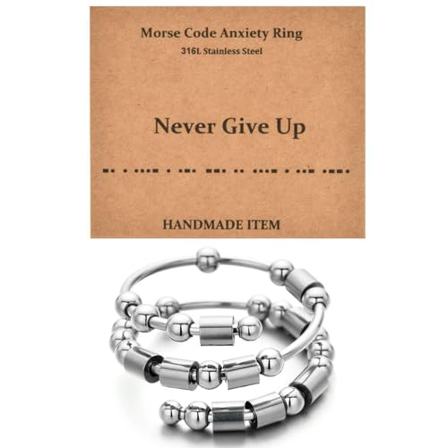 JewelryWe Angst Ring Damen Morsecode: Edelstahl Fidget Spinner Ringe Verstellbarer Zappelring Offene Spinning Ringe mit never give up Morse Code Perlen Frauen Anti Stress Stapelbare Zappeln Ringe von JewelryWe