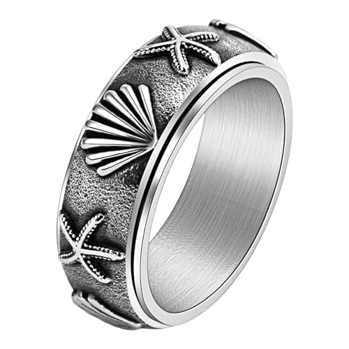 JewelryWe Angst Ring mit Seestern & Muschel: Vintage Edelstahl Fidget Spinner Ring Drehbarer Damenring Herrenring Anti-Stress Maritimer Fingerring Ozean Meer Schmuck für Damen Herren Größe 65 von JewelryWe