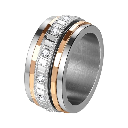 JewelryWe Angst Spinner Ring Damen: 10mm Breite Edelstahl Zirkonia Fidget Band Ringe Anti Stress Angstlinderung Zappeln Angstringe Drehbarer Ring Daumenring für Frauen Männer Rosegold Silber Größe 57 von JewelryWe