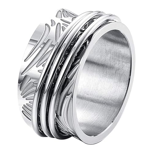 JewelryWe Angst Spinner Ring Damen: 11mm Breite Damen-Ring Edelstahl Fidget Anxiety Ringe Anti Stress Zapple Drehbarer Band Frauen Spinning Angst Ringe mit Gravur Silber Größe 57 von JewelryWe