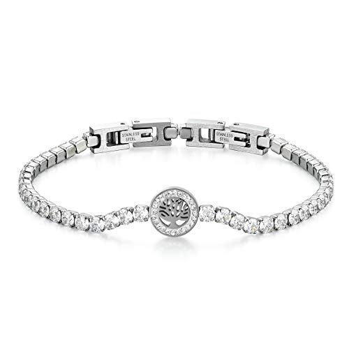 JewelryWe Armband mit Keramik Zirkonia glänzend Perlen Tennisarmband mit Lebensbaum, Edelstahl von JewelryWe