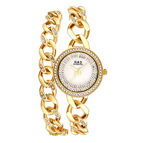 JewelryWe Damenuhr Elegant Analog Quarz Armbanduhr 30m wasserdichte Strass Runde Beiläufige Damen Uhr mit Doppelt Panzerkette Metall-Armband und Leuchtend Zeiger Gold von JewelryWe