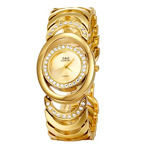 JewelryWe Uhren Damen Analog Quarz 30m wasserdichte Armbanduhr Elegant Einzigartig Strass Oval Beiläufige Uhr mit Metall-Armband und Uhrenwerkzeug Gold von JewelryWe