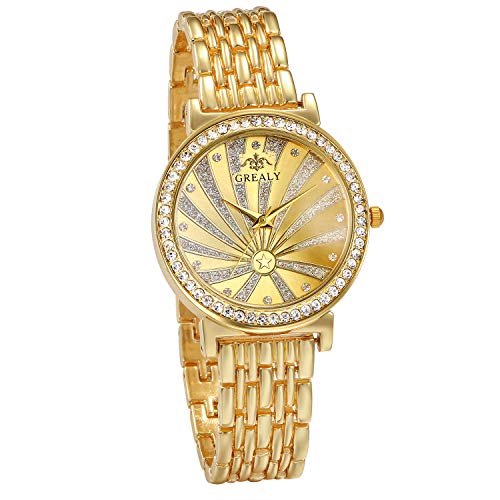 JewelryWe Armbanduhr Damen Strass Quarz Analog Uhr für Frauen Männer Muttertag Gold von JewelryWe