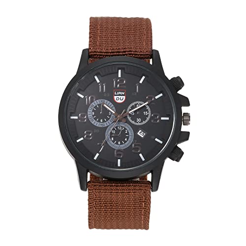 JewelryWe Armbanduhr Herren Datum Kalender Analog Quarz Beiläufige Sport Uhr Herrenuhr mit Nylon Textil Armband und 3 kleinen Zifferblättern, Braun von JewelryWe