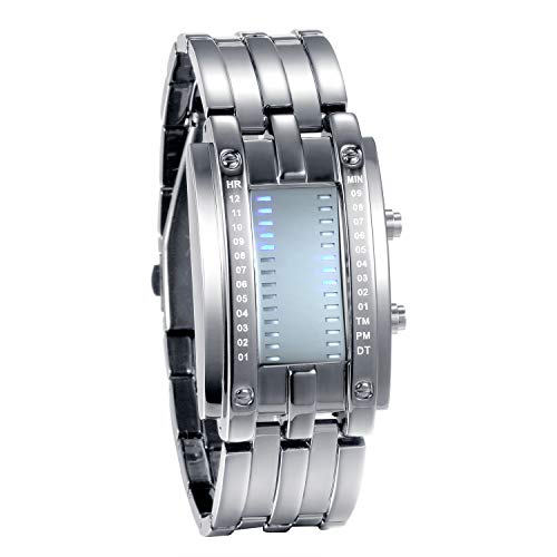 JewelryWe Paar Uhren Digitaluhr Silber Edelstahl Binäre Uhr Rechteck Bezel LED Sportuhr Blau LED Licht Kalender Mode Cool Partner Armbanduhr für Herren von JewelryWe