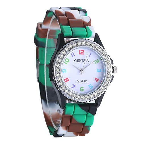 JewelryWe Uhren Damen Analog Quarz Armbanduhr Strass Camouflage Tarnmuster Beiläufige Uhr mit Silikon Armband Schwarz von JewelryWe