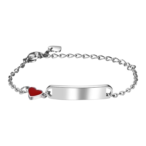 JewelryWe Baby Kinder Armband Personalisiert: Silber Edelstahl ID Armband mit Rot Herz und Gravur verstellbare Armkette Namensarmband für Neugeborene Mädchen Jungen von JewelryWe