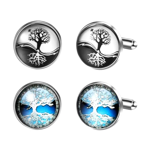 JewelryWe Baum des Lebens Manschettenknöpfe für Herren: 2 Paar Yin Yang Schwarz Weiß und Blauer Lebensbaum Manschetten Knöpfe Cufflinks Elegant Anzug Hemd Business Hochzeit Schmuck Accessoires Silber von JewelryWe
